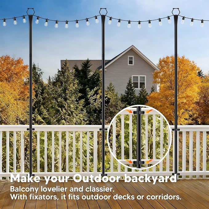 4 Pack String Light Poles for Outside, 9Ft Light Poles for Outdoor String Lights, Adjustable Outdoor String Light Poles with Fork,Metal Fence Post for Patio,Backyard,Deck