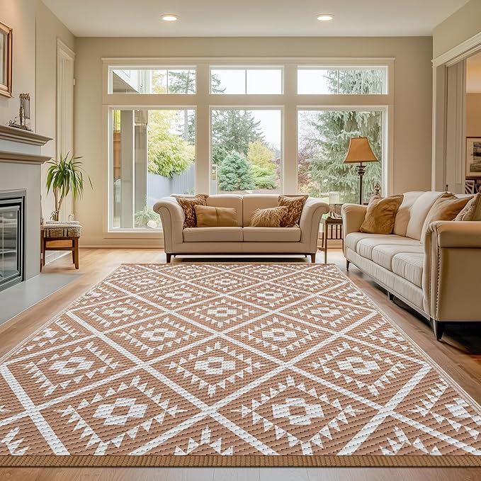 COOLTOP 9'x12’ Outdoor Rug for Patios Porches, Waterproof Plastic Camping Rugs, Modern Reversible Mat, Large Area Rugs for Backyard, Deck, RV, Balcony, Picnic, Beach, Khaki & White