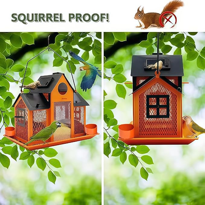Solar Bird Feeders House for Outside Hanging, Metal Wild Bird Feeder for Outdoors Large Capacity Cardinal Birdfeeder Birdhouses Metal Bird Feeding Station Orange