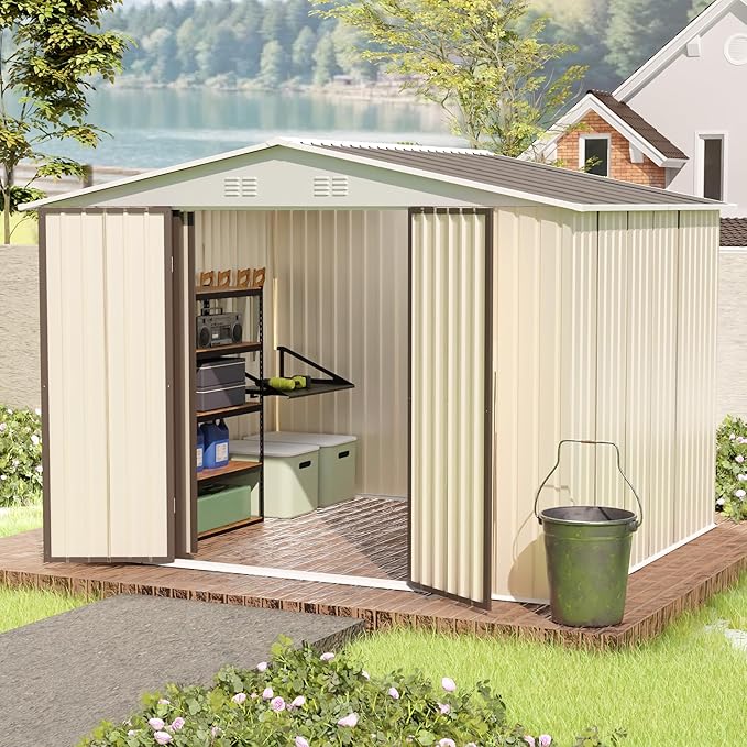 YOPTO 10x8 FT Outdoor Storage Shed,Metal Aluminum Tool Sheds,Heavy-Duty Sheds with Sloped Roof, Air Vent and Hinge Doors,Garden Shed Bike Shed for Backyard Patio Lawn,Cream White