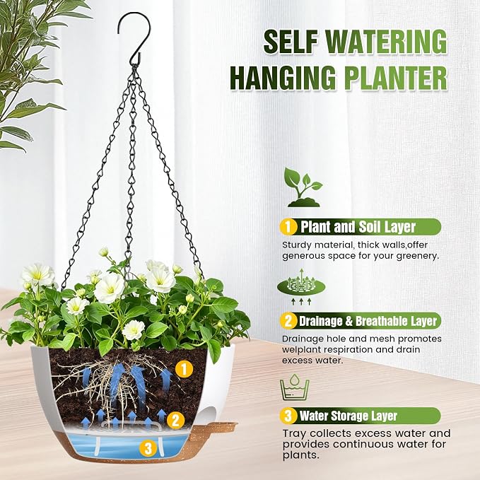 12 Inch Self Watering Hanging Planters, 2 Pack Plastic Plant Pots | Sturdy lightweight pot with side watering lip, drainage holes, snap-on detachable tray & hanging chain for easy care