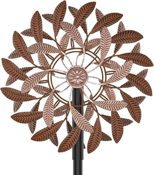 360° Wind Spinners Outdoor, Wind Sculptures Windmill with Metal Stake, Kinetic Large Metal Yard Art Decor Spinners Pinwheels for Garden Outside Patio Lawn, 63.2 * 13.2" (Rust Color)