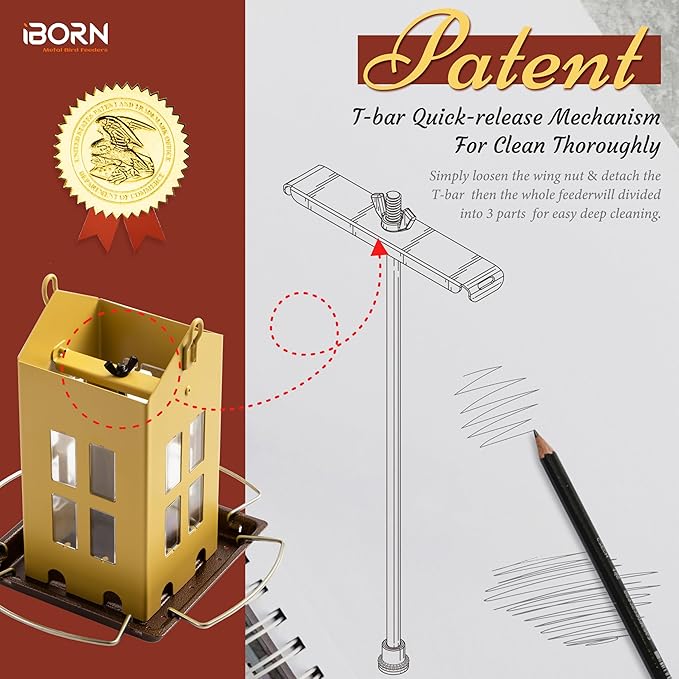 iBorn Bird Feeder House, Metal Bird Feeders for Outdoors Hanging,Double-Sided Metal Hanger & Weatherproof, Easy to Clean & Refill, 1.5 Lbs Capacity, Muted Yellow