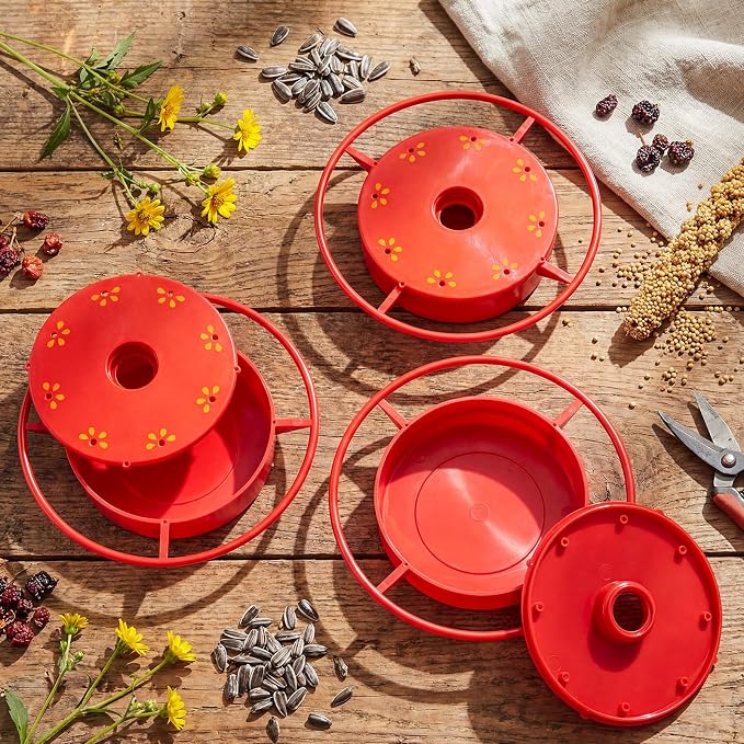 LemonRoad 3 Sets Hummingbird Feeder Replacement Bases Replaceable Red Plastic 8 Port Base for Select Threaded Bottle-Style Feeders, Screw-Together Design(No Bottles)
