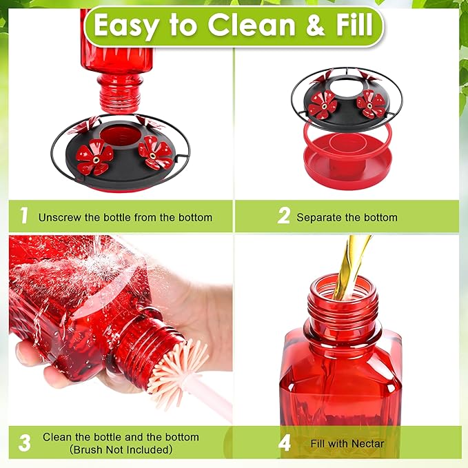20oz Glass Hummingbird Feeder for Outdoors Hanging, Bird Nectar Feeder with 4 Bee Guard Flower-Shaped Feeding Ports & Built-in Ant Moat, for Bird Lover, Red (1 Pack)