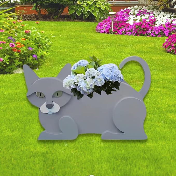 British Short Cat Planter, Cute Animal Shaped Plant Pot, Cat Flower Pot, Gifts for Women & Pet Lovers, Indoor Outdoor Garden Home Office Decor, 12.5 x 5.12 x 7.8Inches