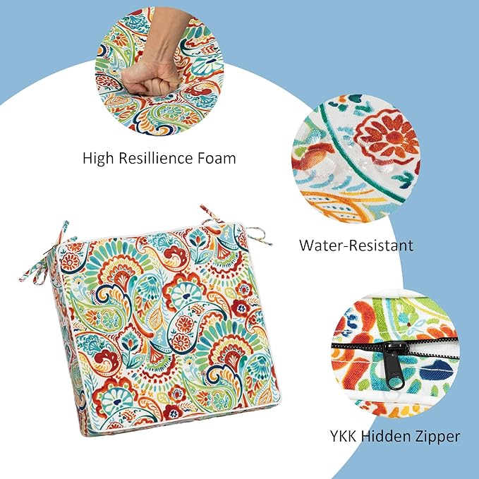 COZYVIDA Outdoor Chair Cushions Set of 4, 20"x20" Square Seat Pads with Tie Straps and YKK Zippers, 30D High-Density Foam, Water-Resistant Fabric,UV-Resistant 1000+ Hrs