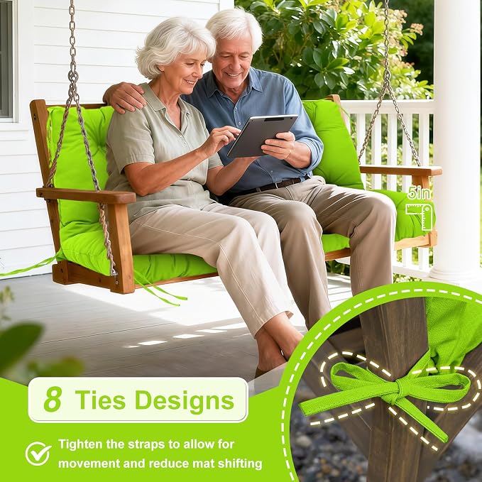 Porch Swing Cushions Outdoor 48 inch x 40 Waterproof Swing Cushions 3 Seater Replacement with Backrest & 8 Ties 5" Thick Bench Swing Cushions for Outdoor Furniture Patio(Grass Green)