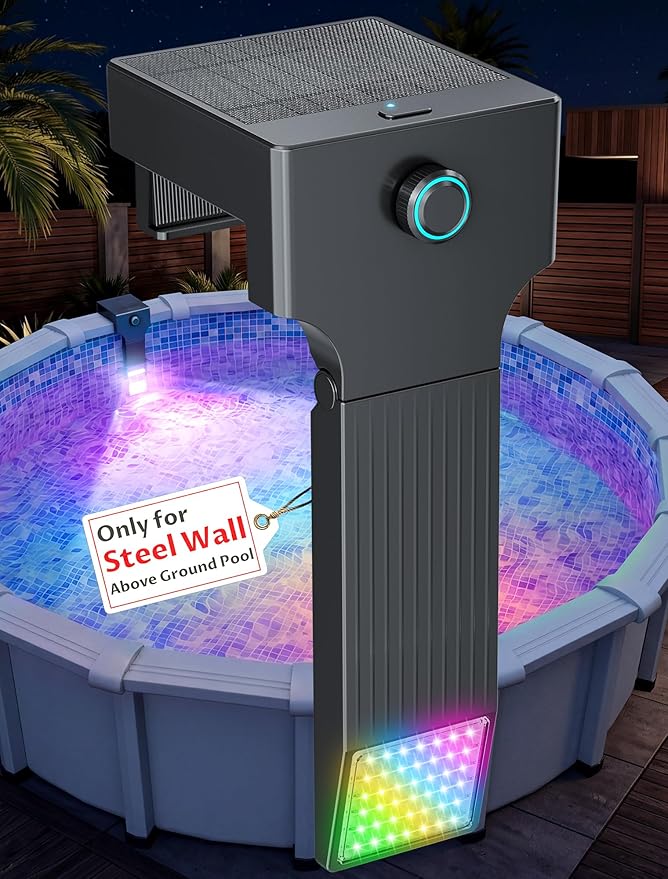 Solar Pool Lights for Above Ground Pools(Steel Wall Only), 10-Color RGB 4-Mode LED Underwater Submersible Poolside Light with Auto Dusk Sensor, Waterproof Design, Remote & Timer Off, 1 Pack