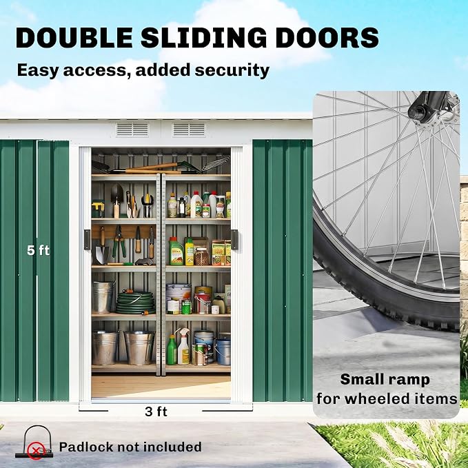 Outsunny 9' x 4' Outdoor Storage Shed, Metal Garden Tool House with Sloping Roof and Lockable Door for Backyard, Bike, Patio, Garage, Lawn, Green