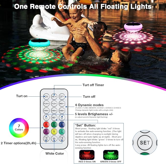 QOLNBY Solar Floating Pool Lights(2 PCS), USB Rechargeable 2600mAh Pool Lights with Remote, 6.69 Inch IP68 Waterproof RGB 6 Dynamic Modes Upper and Lower Glow Hangable Solar Floating Light for Garden