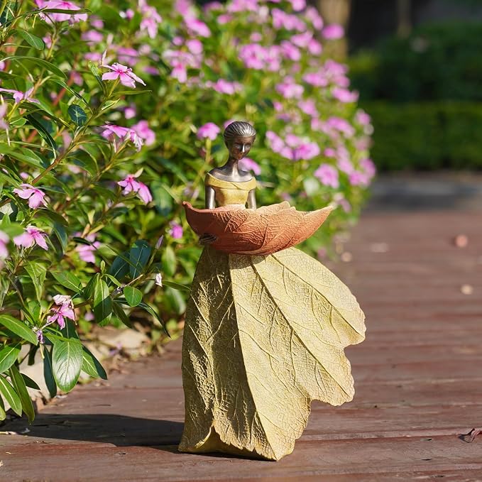 DiliComing Fairy Garden Statue Bird Feeder - 12 Inch Fairy Statue for Home Decoration, Resin Outdoor Statues for Garden Decoration, Best Bird Feeder Gift for Women(Yellow)