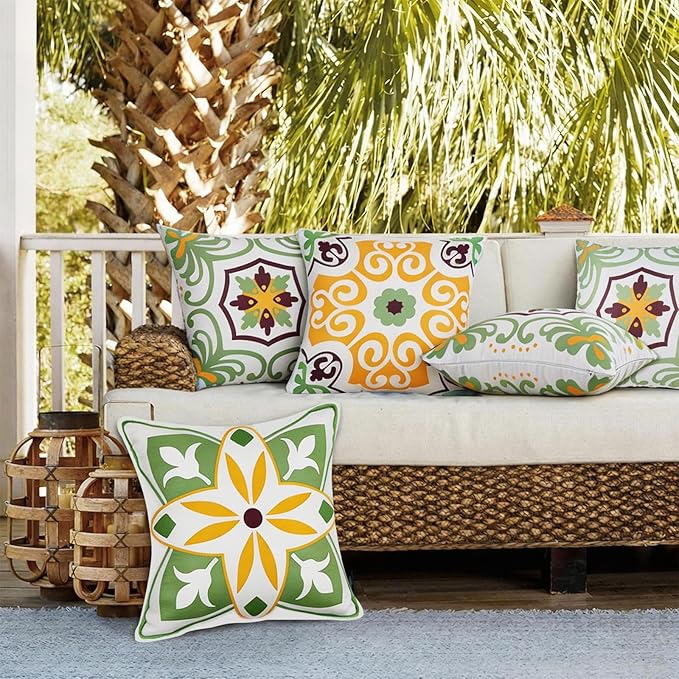 Pyonic Sage Green Outdoor Pillows Waterproof Throw Pillow Covers Set of 4 Floral Printed Spring Summer Outdoor Pillow Covers for Patio Funiture Garden 18x18 Inch