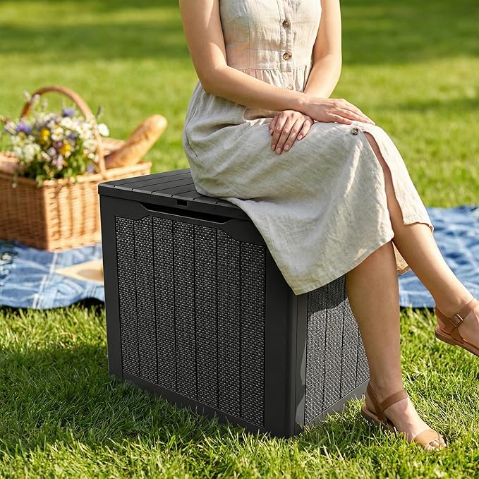 UDPATIO 30 Gallon Deck Box, Outdoor Storage Box Lockable Waterproof Resin, Indoor Outdoor Storage Container for Patio Cushions, Garden Tools, Pool Accessories, Package Delivery Boxes for outside