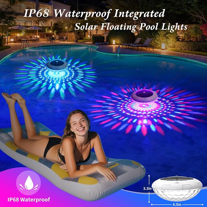 Floating Pool Lights w/Remote, 6.5 Inch RGB Solar Pool Lights that Float with 9 Dynamic Lighting, IP68 Waterproof Pool Floating Light, Hangable Solar Floating Light for Pools Party Garden(4)