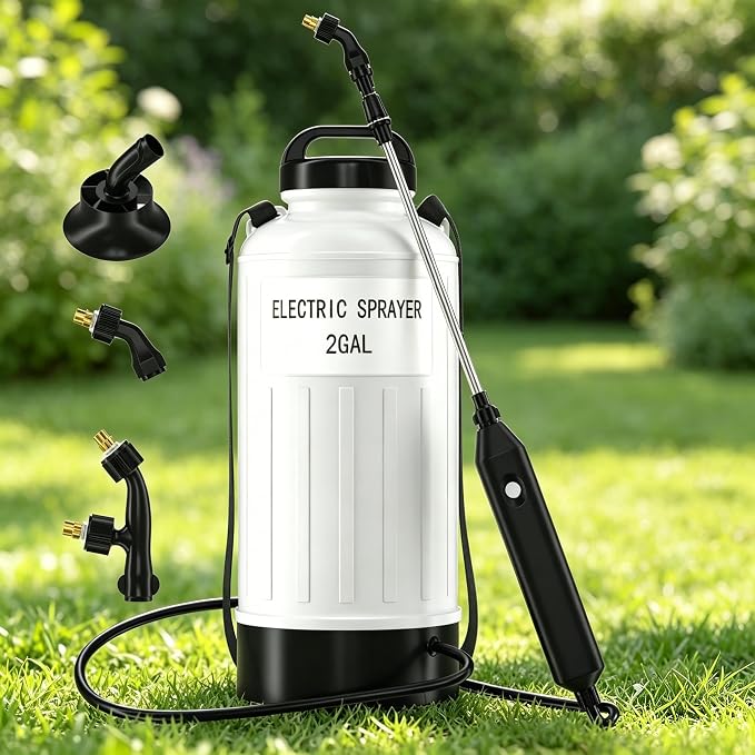 Battery Powered Sprayer 2 Gallon, Wide Mouth Electric Pump Sprayer with Upgraded Elevated Base and Thickened Anti-Abrasion Tank, Kink Proof Hose, Retractable Wand, 3 Nozzles Lawn and Garden