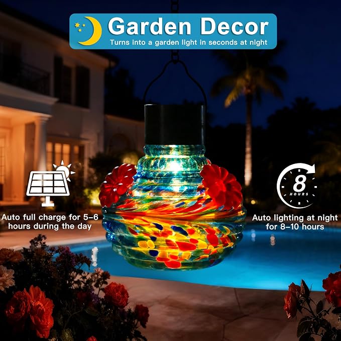 VOREEN Hand Blown Glass Solar Hummingbird Feeder for Outdoor Garden, Waterproof 17oz Hanging Feeder with Colorful Tail Pattern & LED Light, Daytime Bird Feeder & Night Decorative Lantern