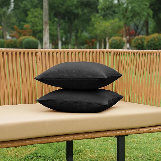NiNi ALL Pack of 2 Decorative Outdoor Waterproof Pillow Covers Square Garden Linen Textured Cushion Sham Throw Pillowcase Set of 2 for Patio Farmhouse Garden Tent Couch 16x16 Inch Black