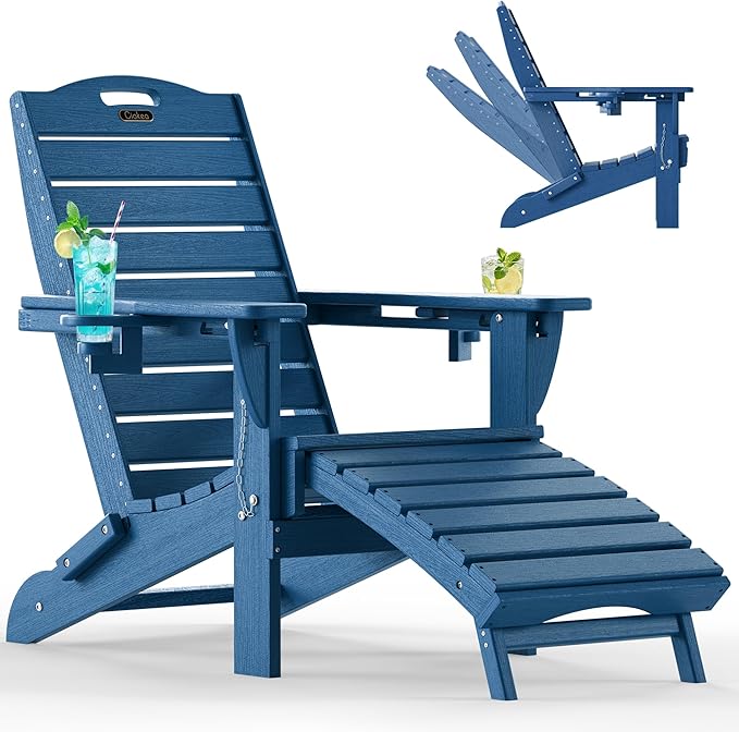 Ciokea Folding Adirondack Chair with Retractable Ottoman Fire Pit Patio Chair with Pull Out Foot Rest Weather Resistant Lawn Outdoor Lounge Chair with 2 Cup Holder (Navy Blue)