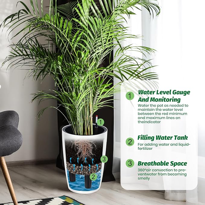Garvee Tall Planters for Outdoor Plants, 16 in Large Planters Set of 4, Outdoor & Indoor Planters with Water Level Monitor ＆ Inner Bucket, Automatic Watering, for Porch, Patio, Backyard, White