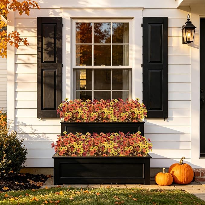 18 Bundles Artificial Fall Flowers for Outdoors, UV Resistant Fake Plants | Faux Silk Daisy Mums with Eucalyptus Stems for Outside Planters, Porch, Patio, Window Box, Garden and Farmhouse Decor
