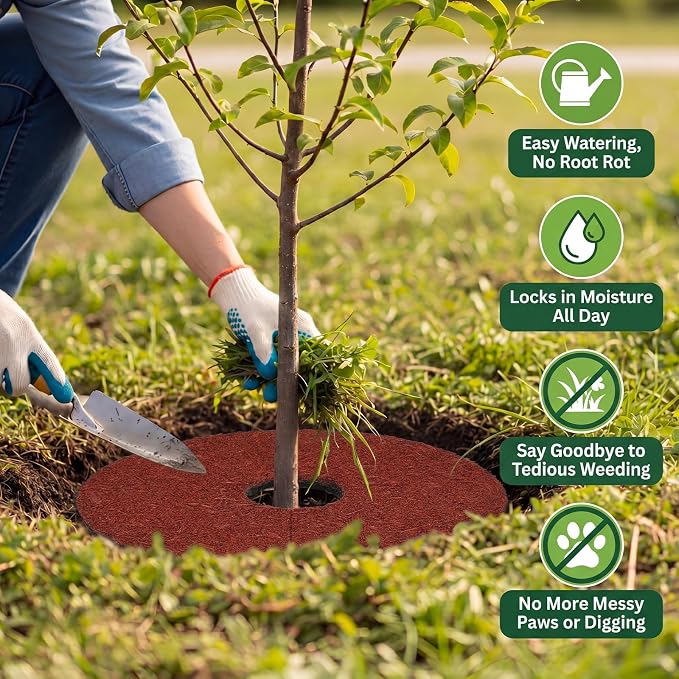 Peryiter 12 Pcs Double Side Rubber Mulch Tree Ring, Heavy Duty Rubber Mulch Mat, Tree Root Protector Mat Reversible Round Root Ring Weed Barrier for Prevent Animal Dig (Red)