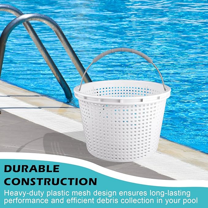 8" Pool Skimmer Basket for Inground Pool Compatible with Pentair U-3 Skimmer Basket 08650-0007 and Hayward SP1070 SPX1070E Pool Basket ，Stainless Steel Handle，Rubber Grip & Built in weighting，White