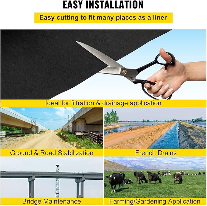 VEVOR Geotextile Landscape, 3ft x 100ft 8 oz, Non-Woven PP Drainage 350N Tensile Strength & 440 N Load Capacity, for Ground Cover, Garden Fabric, French Drains, Black