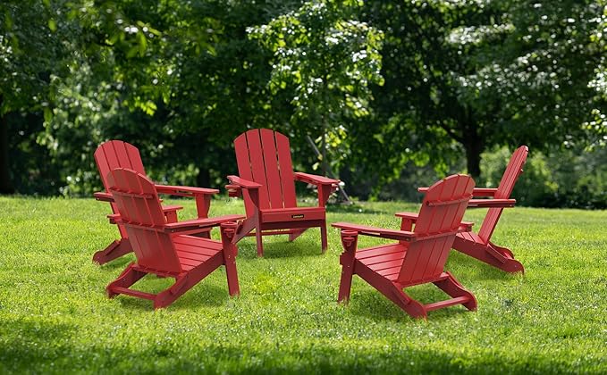 Folding Adirondack Chair Set of 4, Wooden Textured Plastic Adirondack Chairs with 2 Cup Holder, Weather Resistant HDPE Fire Pit Chair, Outdoor Patio Chairs for Garden, Backyard, Lawn, Deck, Red