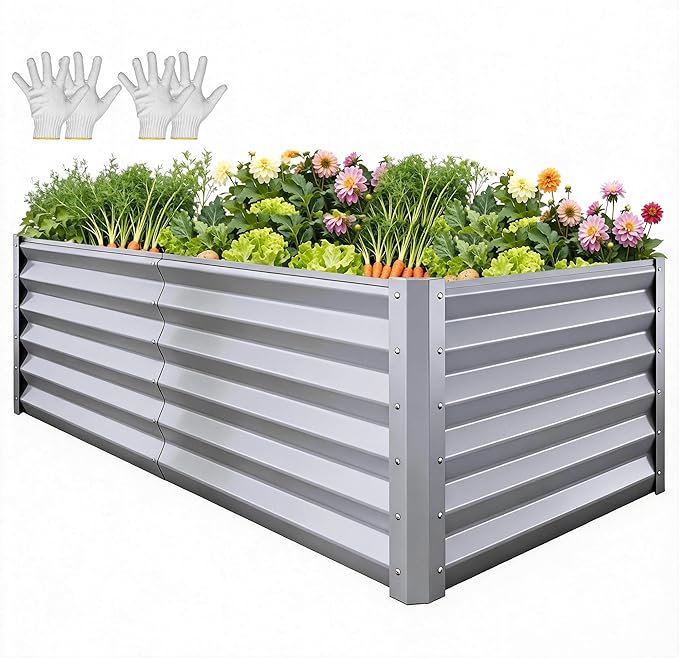 YITAHOME 6x3x3ft Large Raised Garden Bed Kit, Galvanized Metal Planter Box with Gloves, Support Rod, Outdoor Above Ground Planters for Plants Vegetables Flowers, Silver Gray