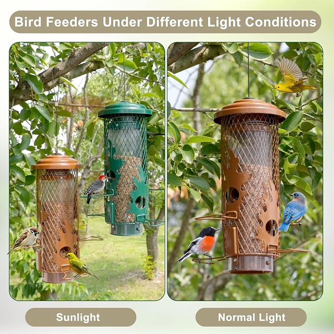 Gbekery Metal Bird Feeders Squirrel Proof for Outdoors Hanging, Brown | Metal Wild Bird Feeders for Small Birds with Weight Activated Perches, Weatherproof and Durable, Perfect for Backyard Garden