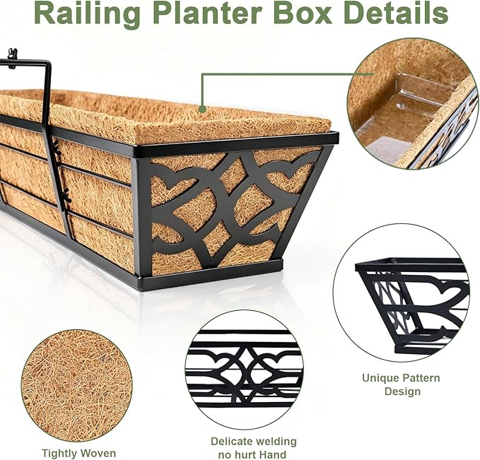 4 Pack 24 Inch Window Boxes Planters with PET Tray and Coco Liner, Metal Railing Planter Boxes for Outdoor Plants, Heavy Duty Hanging Garden Trough for Porch Deck Railing and Backyard Fence