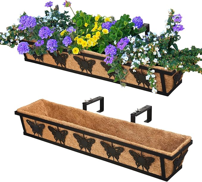 Window Box Railing, 24IN Black Metal Hanging Flower Planter Basket with Coco Liner for Outdoor Balcony Porch Fence Patio for Home, Office and Hotel (Black - 2 Pcs/Set)