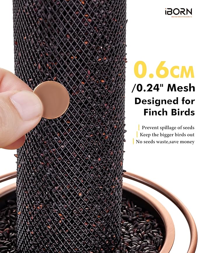 iBorn Finch Feeders for Outside,Thistle Bird Feeders for Outdoors Hanging,Nyjer Seed Feeder,Metal Mesh Tube Bird Feeder 13.5 Inch with 17cm Weatherproof Large Roof&Tray,2 LB Capacity,Brushed Copper