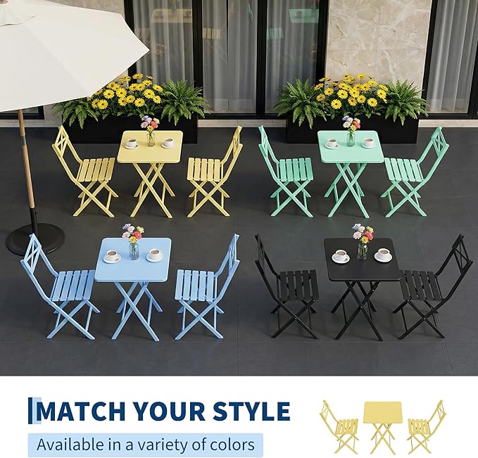 GarveeTech 3-Piece Folding Bistro Set, Heavy Duty Outdoor Patio Furniture with 2 Chairs & 1 Table, Weather-Resistant Steel Frame, No Assembly Required for Garden, Yard, Balcony,Yellow