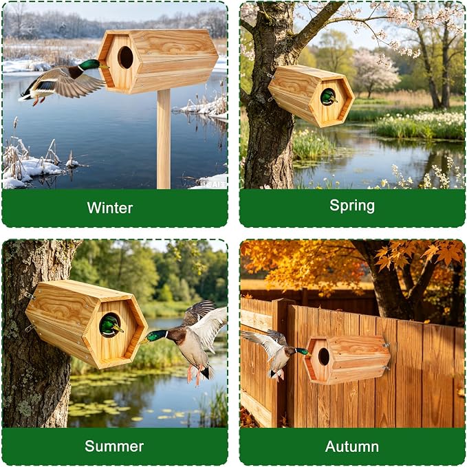 Mallard Nesting Box, Wood Duck House for Outdoor Hexagonal Large Duck House with Dual Entrances for Ponds, Wetlands, Backyards 19.7 X 10.2 X 10.2 Inches