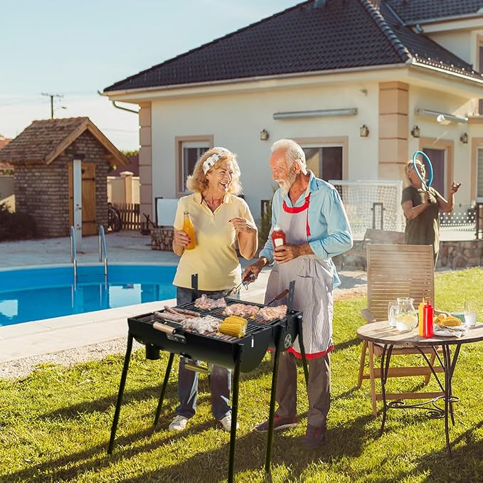 Portable Charcoal Grill with Thermometer - Barrel Charcoal Grills with Central Rotisserie Rack Double-sided Smoker Grill Outdoor BBQ Grill, Perfect for Backyard Camping, Patio Parties and Picnics