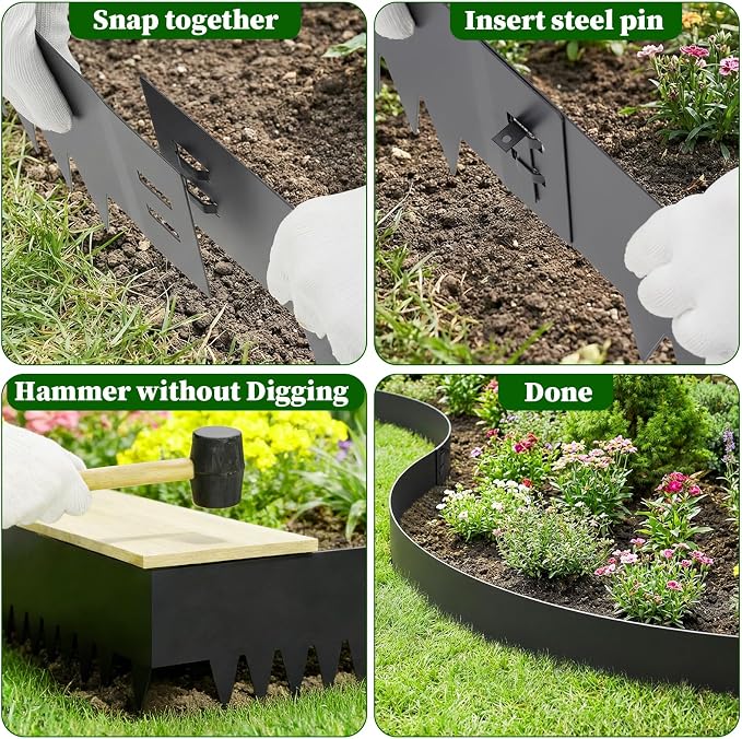 No Dig Landscape Edging 33 FT - Heavy Duty Flexible Metal Garden Border, 6" Tall x 40" Long Galvanized Steel Lawn Edging with 10 Anchoring Pins for Flower Beds, Yard, Pathway, Mulch Barrier (10-Pack)