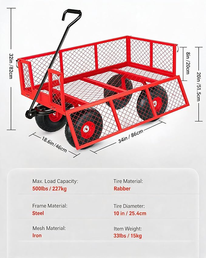 Garvee Steel Garden Cart, 500 LBS Capacity Utility Outdoor Wagon, Heavy Duty Mesh Garden Metal Wagon with Removable Sides, Flexible Handle for Yard, Lawn, Garden