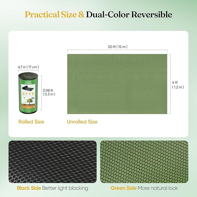 Grenebo Weed Barrier Fabric, 4FT x 50FT, Non-Woven Landscape Fabric, No-Fraying and Easy to Cut, Highly Permeable and Breathable, with 15 U-Shaped Stakes, for Gardens, Flower Beds and Vegetable Plots
