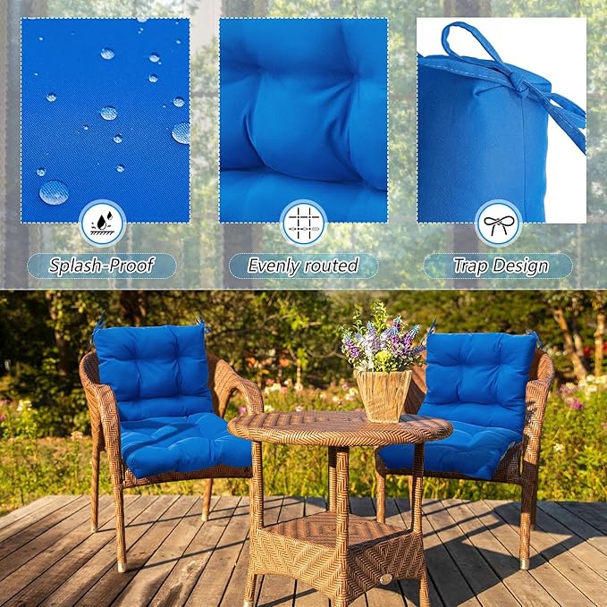 Marsui 6 Pcs Outdoor Indoor High Back Chair Cushions Patio Furniture Tufted Pillow with Ties Water-Resistant Replacement Outdoor Rocking Chair Cushions, 42 x 21 Inches (Blue,Solid Color)