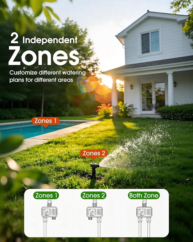 Insoma Water Timer with Brass Inlet, 2 Independent Zones Outdoor Hose Timer for Garden Faucet with Auto/Manual/Rain Delay Mode, Sprinkler Irrigation Controller for Yard Lawn