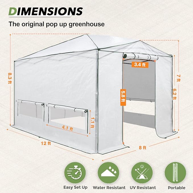 EAGLE PEAK 12x8 Portable Walk in Greenhouse, Pop Up Indoor Outdoor Greenhouse, Green House Kit with Zippered Roll-Up Doors, Windows + Support Pole, Woven Cover, Translucent