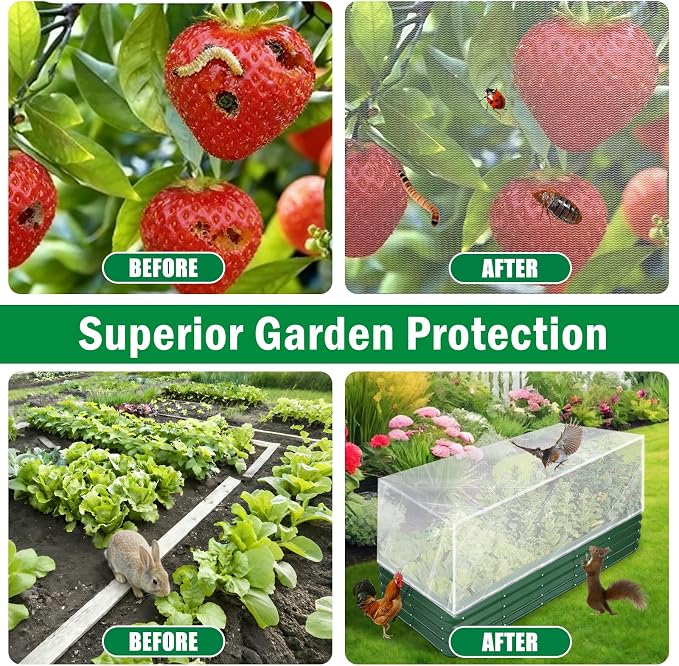 2PCS Garden Netting for Raised Beds, 4.8 X 2.2FT Garden Raised Bed Cover with Drawstring, Plant Netting for Garden Protection, Insect Bird Pest Barrier for Vegetables Fruits Flowers Crops