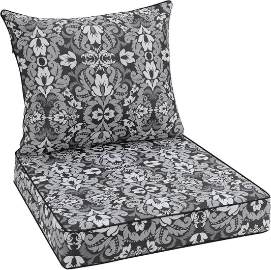 Favoyard Outdoor Seat Cushion 24 x 24 x 4 in Waterproof Pattern Fade Resistant Cover Removable Patio Furniture Cushions Deep Seat & Back Cushion Set with Adjustable Straps for Patio Chair Sofa Couch