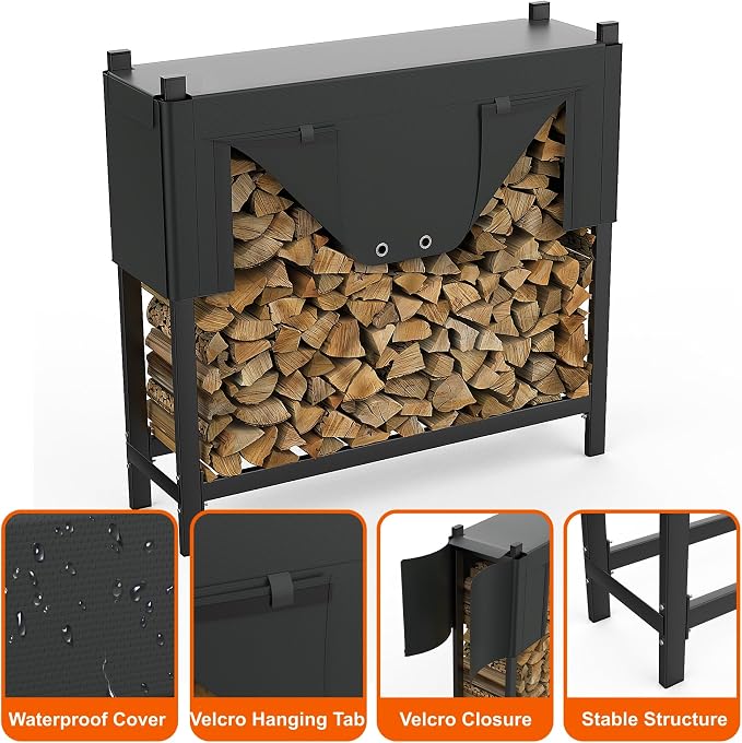 WALMANN Heavy-Duty Firewood Rack with Waterproof Cover & Firewood Carry Bag, 4 ft Outdoor Indoor Wood Log Holder for Fireplace, Patio & Porch, Sturdy Steel Fire Wood Storage Stand