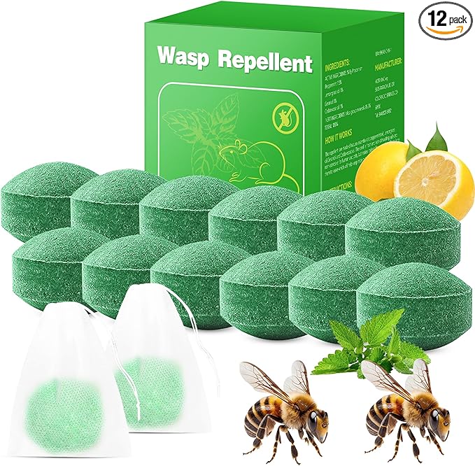 12 Pack Natural Wasp and Bee Repellent Outdoor, Peppermint Oil Carpenter Bee Repellent for Yellow Jackets, Hornets, Mud Wasps Deterrent for Indoor Outdoor Patio Garden Porch, Pet and Human Safe