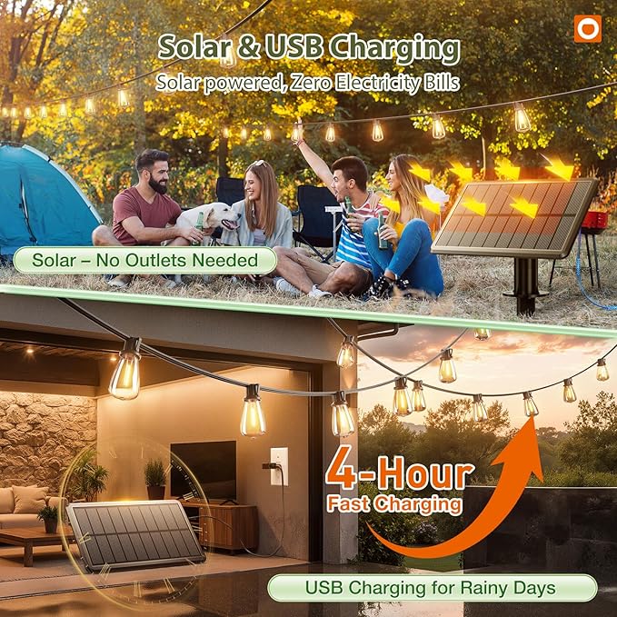 addlon 52(48+6) FT Solar String Lights Waterproof,Patio Lights Solar Powered with Remote & USB Port 16+1 LED Shatterproof Bulbs 3 Light Modes, Dimmable Solar Light for Camping Backyard Garden