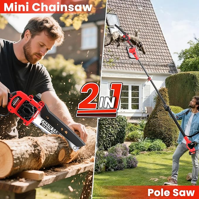 Upgraded 2-in-1 Cordless Pole Saw & 8 Inch Mini Chainsaw, Battery Powered Tree Trimmer with 6.6ft(2m) Extension Pole, 21V 4.0Ah x2 Batteries, Electric Chainsaw for Branch, Limb & Wood Cutting