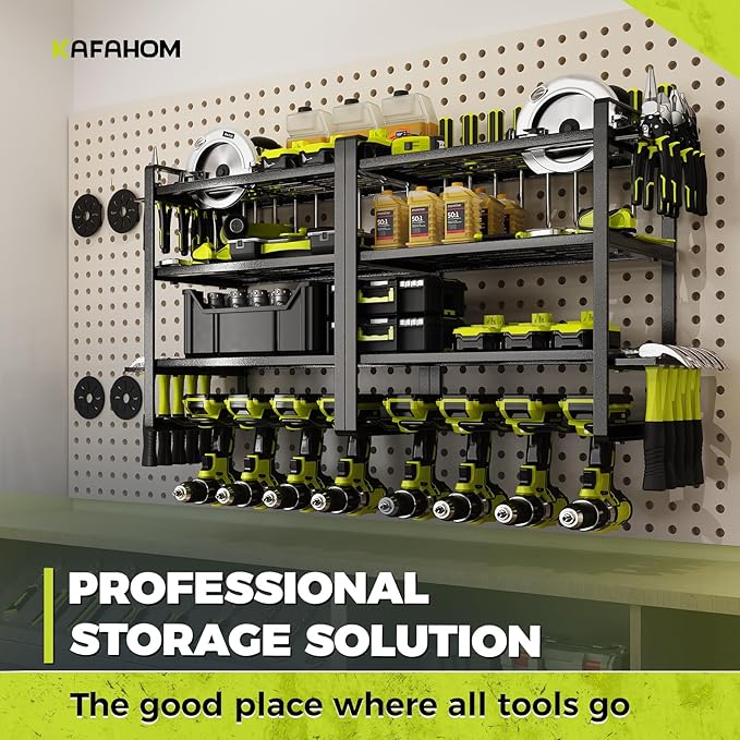 KAFAHOM Power Tool Organizer Wall Mount, 4-Tier Drill Holder for Cordless Tools, 2-Pack Set, Garage Storage Rack with Side Hooks for Hammers & Pliers, Tool Organizer for Workshop/Utility Room